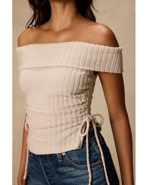 Lulus Natural Saphira Cream Ribbed Knit Off-The-Shoulder Top