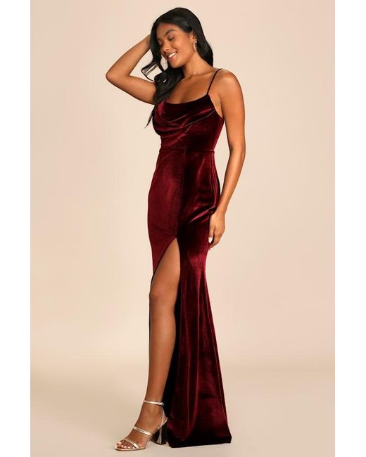 Lulus Red Everything I Do Wine Velvet Cowl Neck Mermaid Maxi Dress