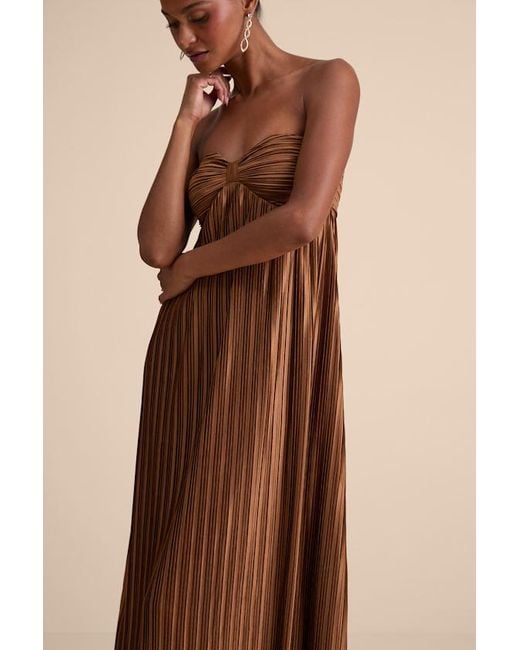 Lulus Brown Whimsical Beauty Satin Plisse Strapless Maxi Dress