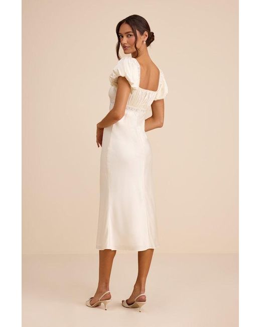 Lulus Natural Catherine Satin Puff Sleeve Slip Midi Dress