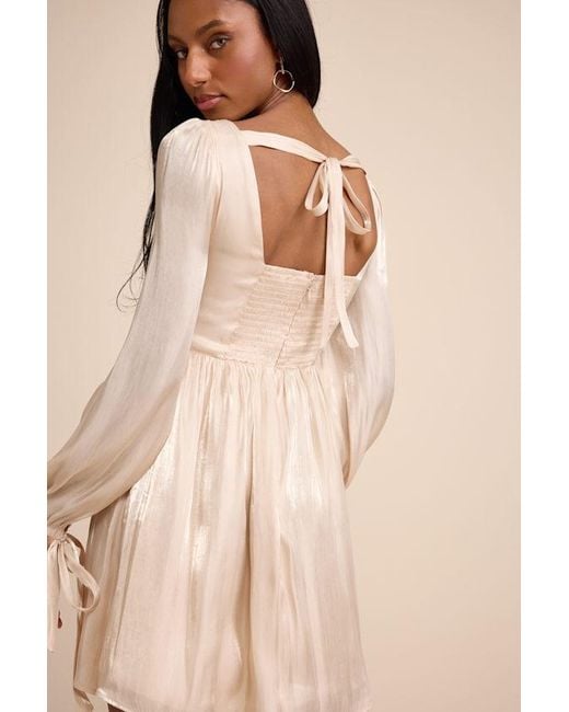 Lulus Natural Lirenda Shiny Balloon Sleeve Tie-Back Mini Dress