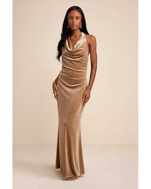 Lulus Natural Elarina Velvet Cowl Halter Mermaid Maxi Dress