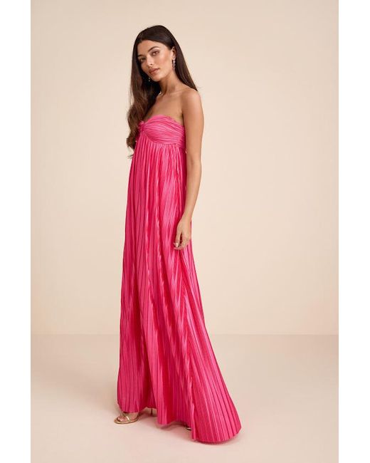 Lulus Pink Whimsical Beauty Satin Plisse Strapless Maxi Dress
