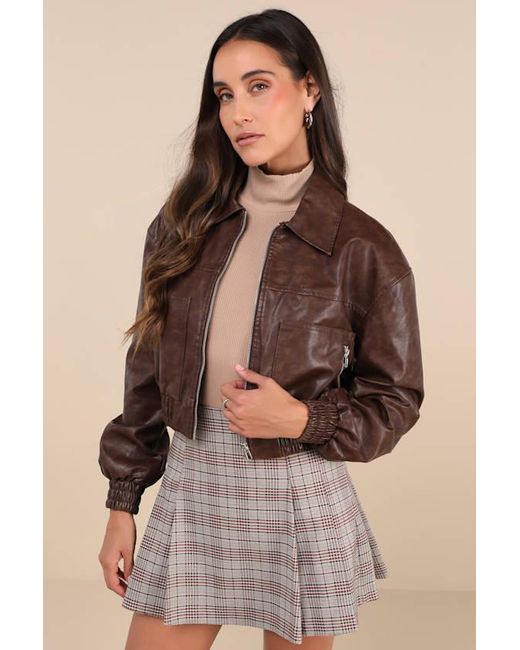 Lulus Brown Iconic Travels Vegan Leather Cropped Bomber Jacket