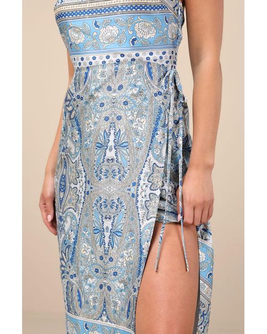 Lulus Blue Radina Paisley Print Satin Halter Midi Wrap Dress