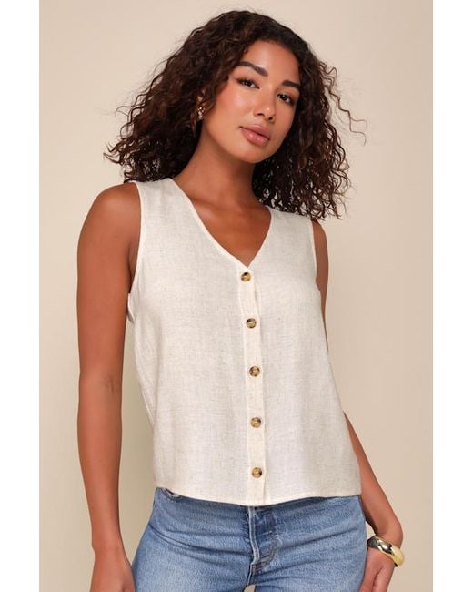 Lulus White Casually Sophisticated Linen Sleeveless Button-Front Top