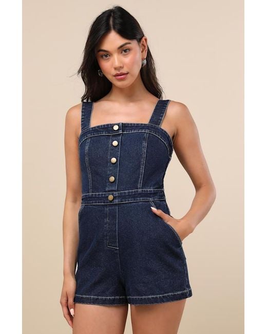 Lulus Blue Thema Dark Wash Denim Button-Front Romper