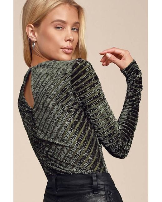 Lulus Green Save The Date Velvet Striped Long Sleeve Bodysuit