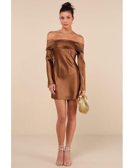 Lulus Brown Luxurious Vision Satin Off-The-Shoulder Mini Dress