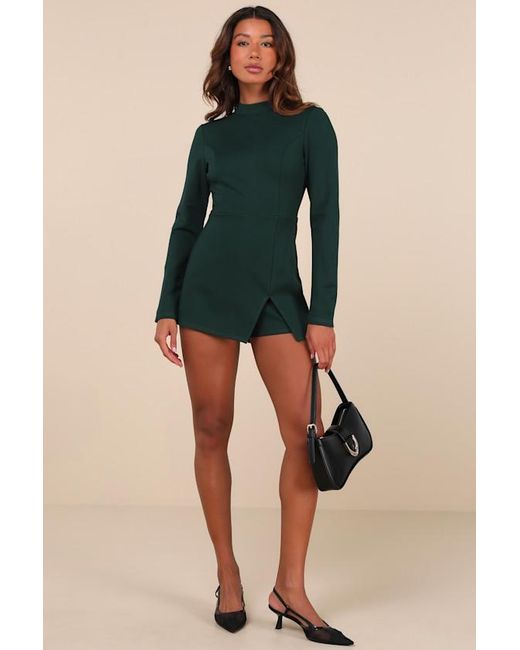 Lulus Green Undeniably Stylish Emerald Backless Long Sleeve Skort Romper