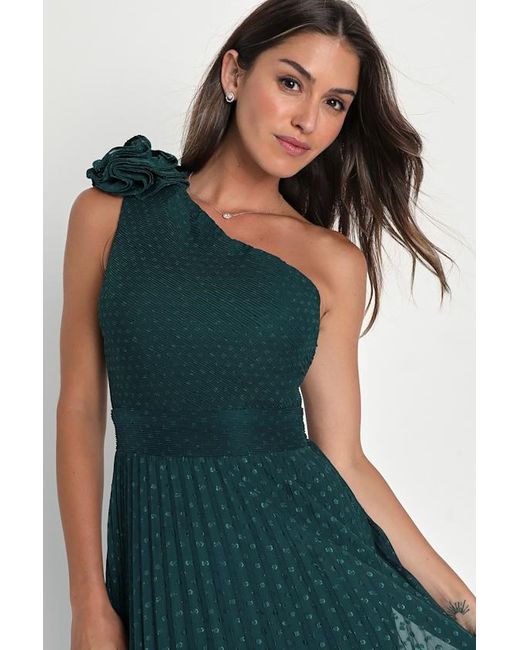 Lulus Special Charm Pleated Swiss Dot One-Shoulder Midi Dress in Green |  Lyst UK