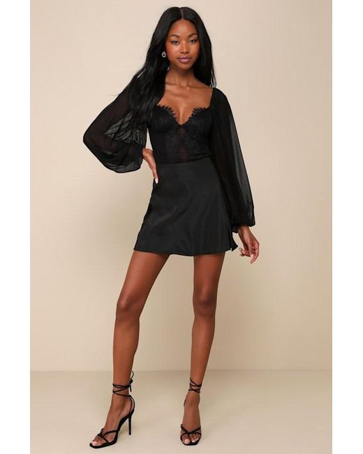 Lulus Black Instant Attraction Long Sleeve Lace Bustier Bodysuit