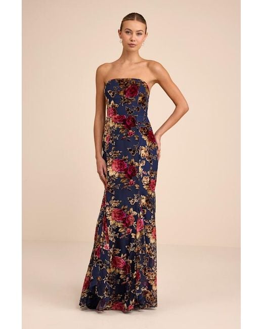 Lulus Women's Blue Anoah Floral Velvet Burnout Strapless Maxi Dress