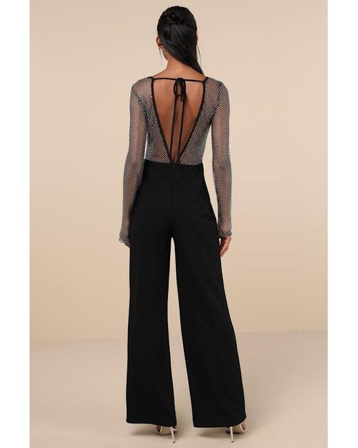 Lulus Black Beyond Glamorous Fishnet Rhinestone Jumpsuit