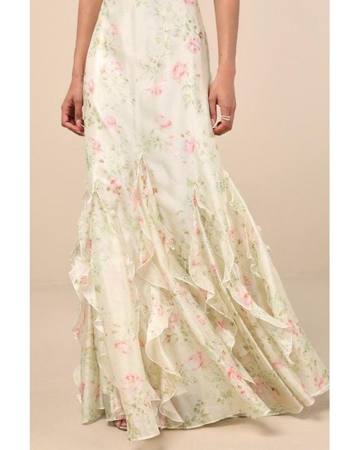 Lulus Green Deluca Cream Floral Sleeveless Ruffled Maxi Dress