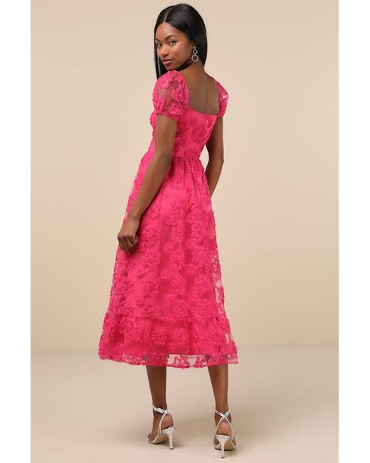 Lulus Pink Notable Elegance Mesh Floral Applique Bustier Midi Dress