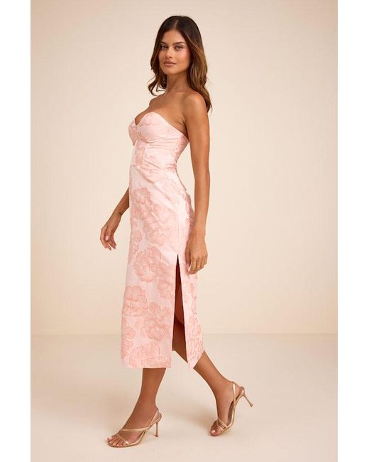 Lulus Pink Kandra Floral Jacquard Bustier Midi Dress