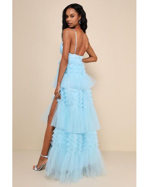Lulus Blue Gorgeous Statement Tulle Tiered Ruffled Maxi Dress
