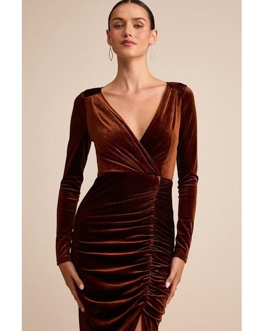 Lulus Natural Yasna Velvet Ruched Surplice Long Sleeve Maxi Dress
