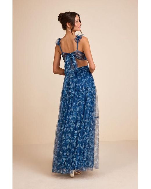 Lulus Blue Ethereal Love Floral Pleated Tiered Tie-Back Maxi Dress