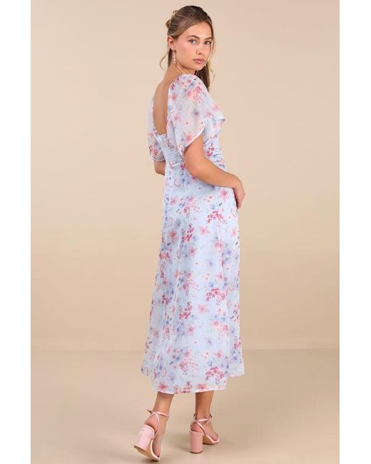 Lulus Blue Valla Floral Flutter Sleeve Midi Dress