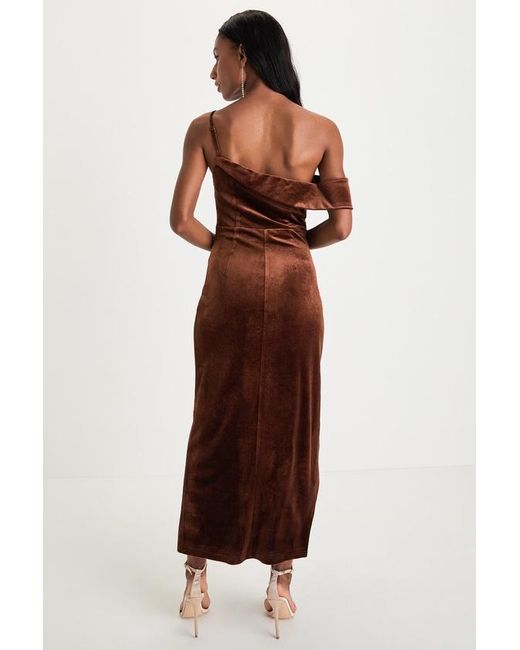 Lulus Red Showing Off A Little Velvet Asymmetrical Tulip Midi Dress