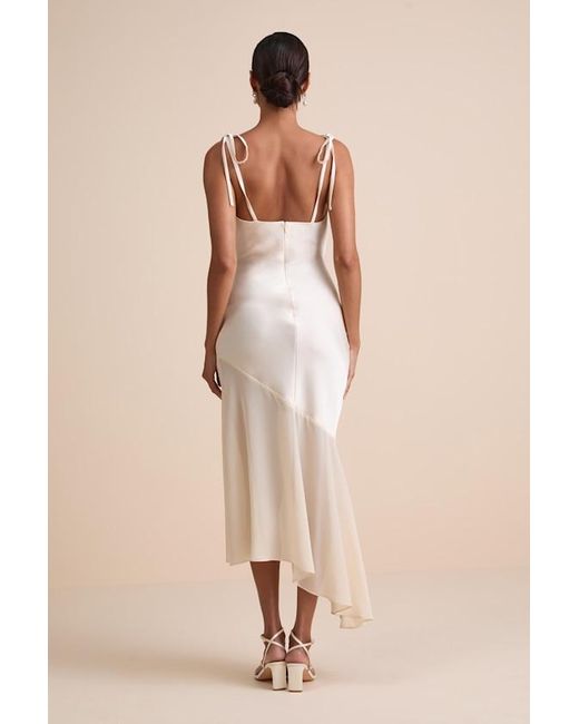 Lulus Natural Enara Cream Satin Mesh Tie-Strap Asymmetrical Midi Dress