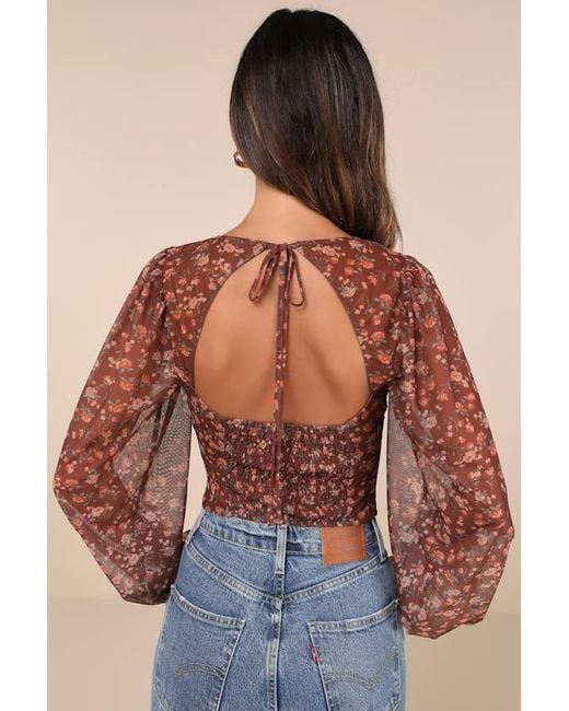 Lulus Blue Feeling So Cute Floral Mesh Balloon Sleeve Crop Top