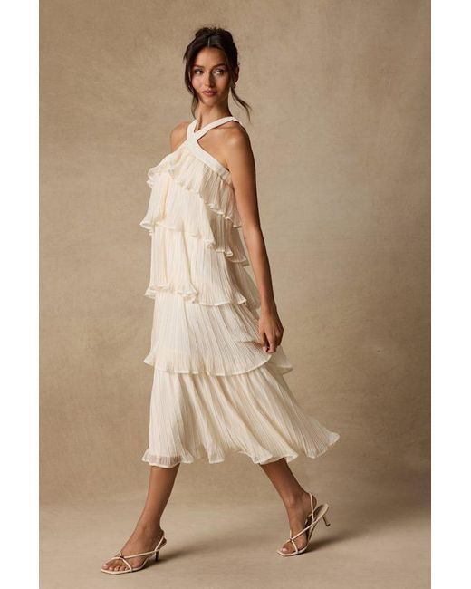 Lulus Natural Lauretta Plisse Tiered Midi Dress