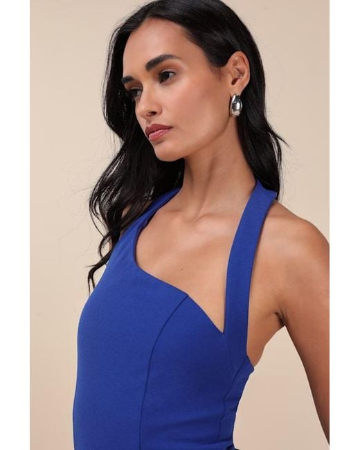 Lulus Blue Flirty Outing Asymmetrical Halter Jumpsuit
