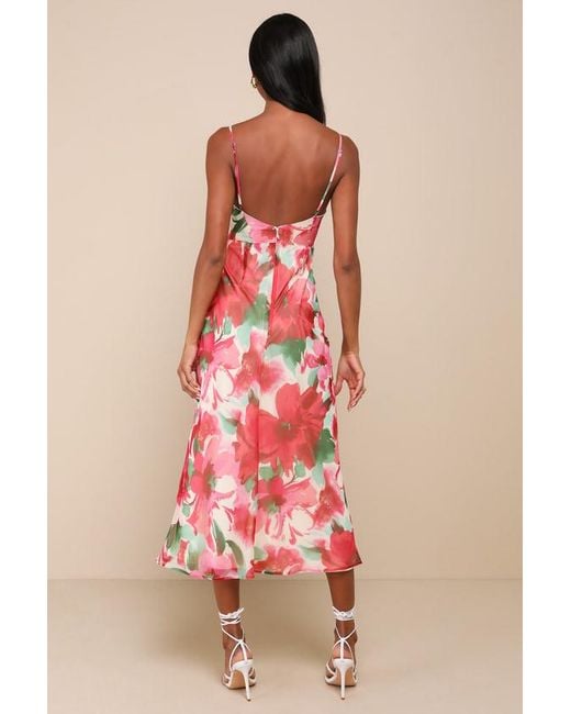 Lulus Red Beautiful Entrance Multi Floral Twist-Front Midi Dress