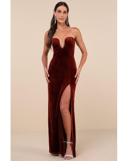 Lulus Orange Elegant Success Rust Velvet Rhinestone Strapless Maxi Dress