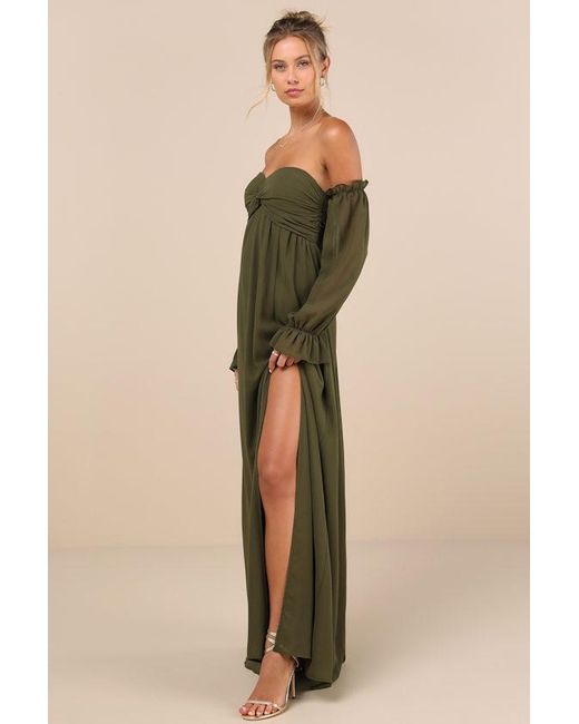 Lulus Green Glorious Invite Knotted Off-The-Shoulder Maxi Dress