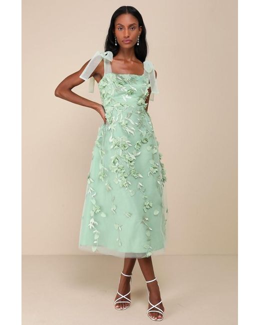 Lulus Green Effortlessly Sweet Sage Tulle 3D Floral Tie-Strap Midi Dress