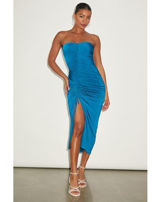 Lulus Blue Eliska Slinky Drawstring Ruched Strapless Midi Dress