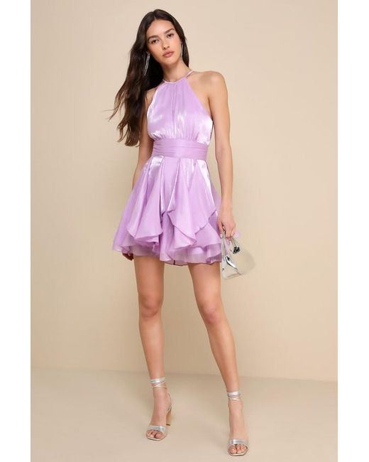 Lulus Purple Abundant Radiance Shiny Organza Ruffled Mini Dress