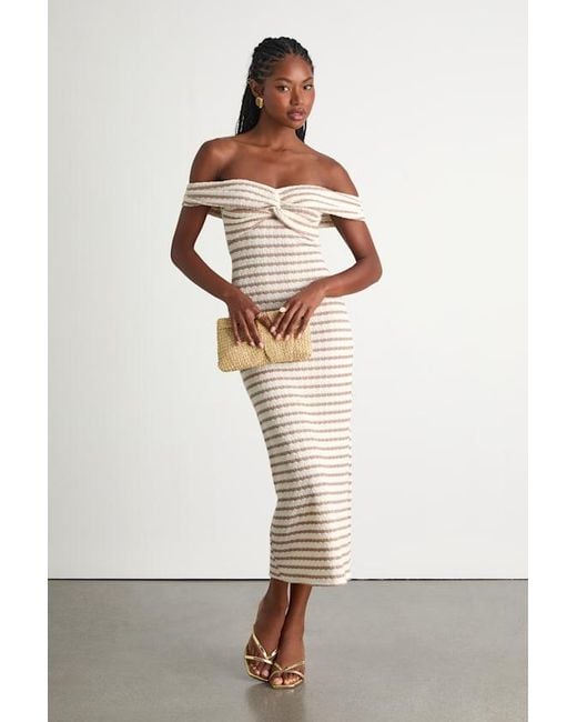 Lulus White Baia And Taupe Striped Off-The-Shoulder Midi Dress