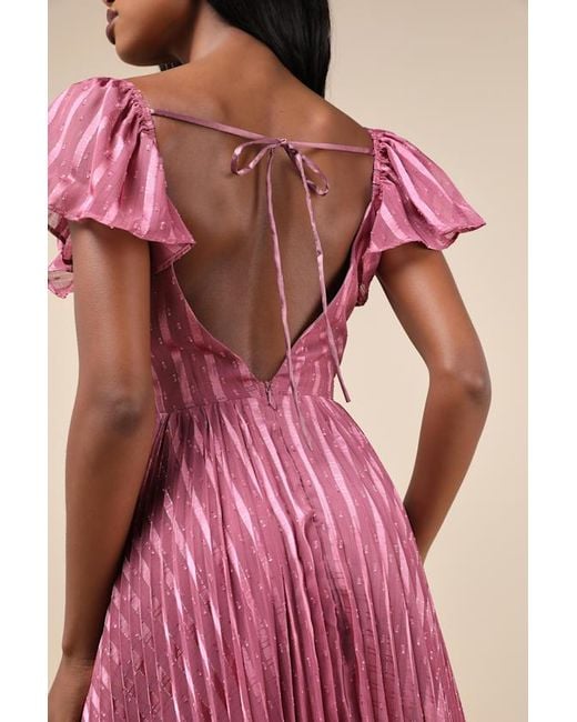 Lulus Pink Standout Sophistication Lurex Flutter Sleeve Midi Dress