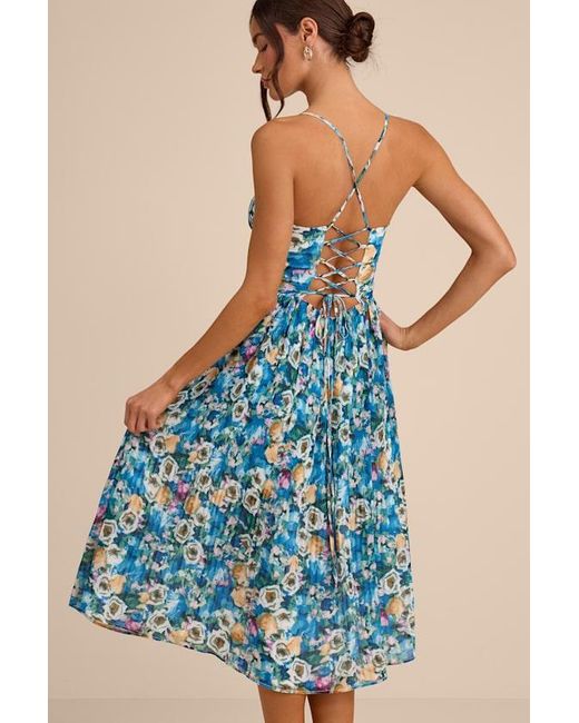 Lulus Blue Aleyna Multi Abstract Pleated Lace-Up Bustier Midi Dress