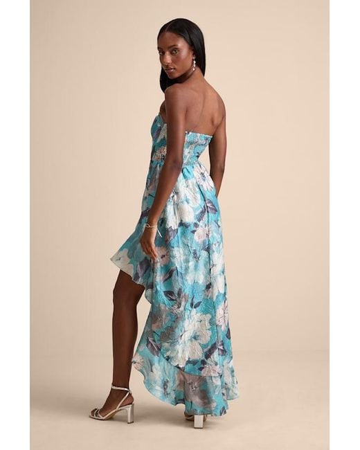 Lulus Blue Blushing Darling Floral Strapless High-Low Maxi Dress