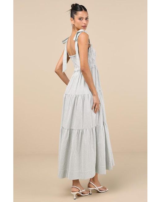 Lulus Natural Bembe Sage Striped Tie-Strap Tiered Maxi Dress
