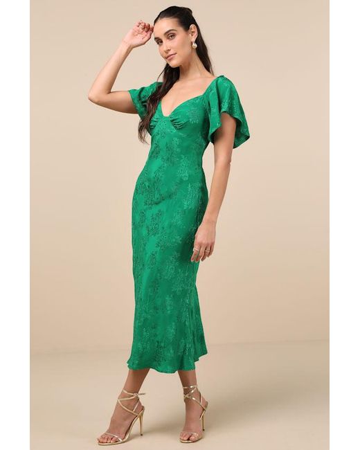 Lulus Green Effervescent Afternoon Satin Flutter Sleeve Midi Dress