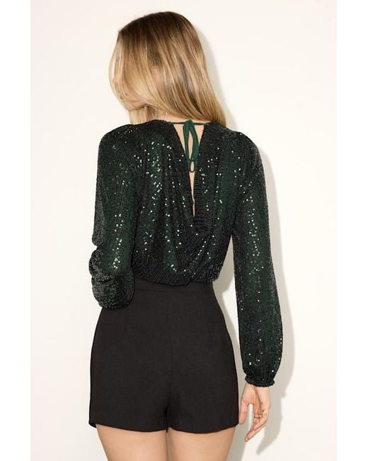 Lulus Black Evening Of Wonder Emerald Sequin Long Sleeve Bodysuit
