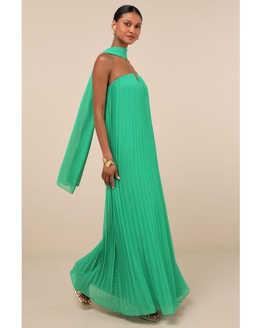 Lulus Green Lael Pleated Strapless Dress And Scarf Set