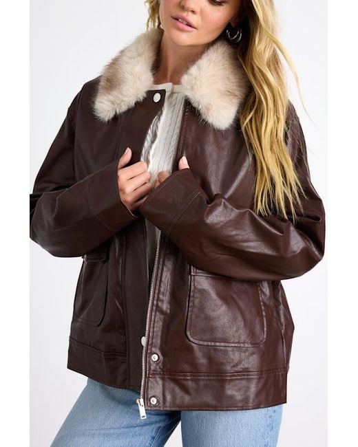 Glamorous Brown Soha Mahogany Vegan Leather Faux Fur Jacket