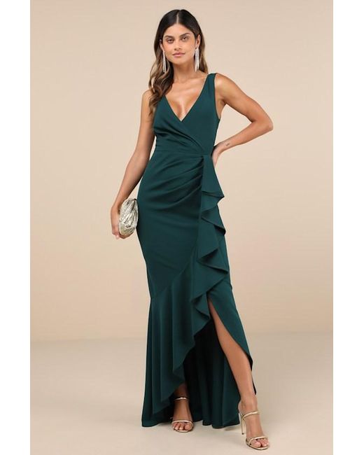 Lulus Blue Pure Loveliness Emerald Pleated Ruffled High-Low Maxi Dress