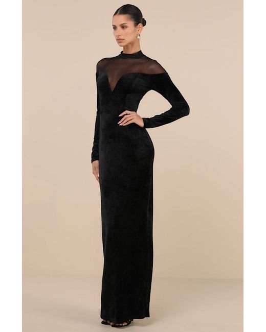 Lulus Black Exemplary Allure Velvet Mock Neck Long Sleeve Maxi Dress