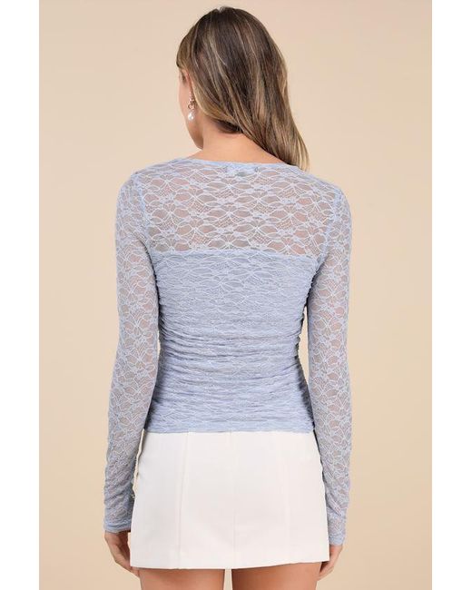 Lulus Blue Dynamic Charm Lace Cutout Long Sleeve Top