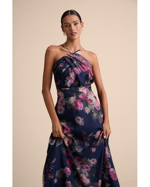 Lulus Women's Blue Farris Floral Organza Halter Maxi Dress