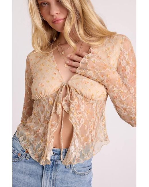 Lulus Blue Netta Floral Lace Tie-Front Long Sleeve Top